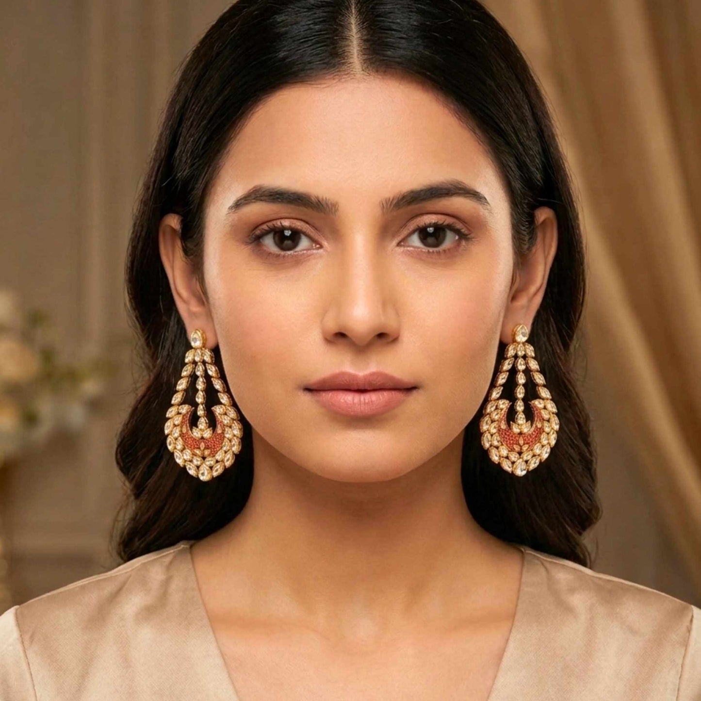 Woman wearing gold earrings with a neutral background.  Digitally rendered model for scale