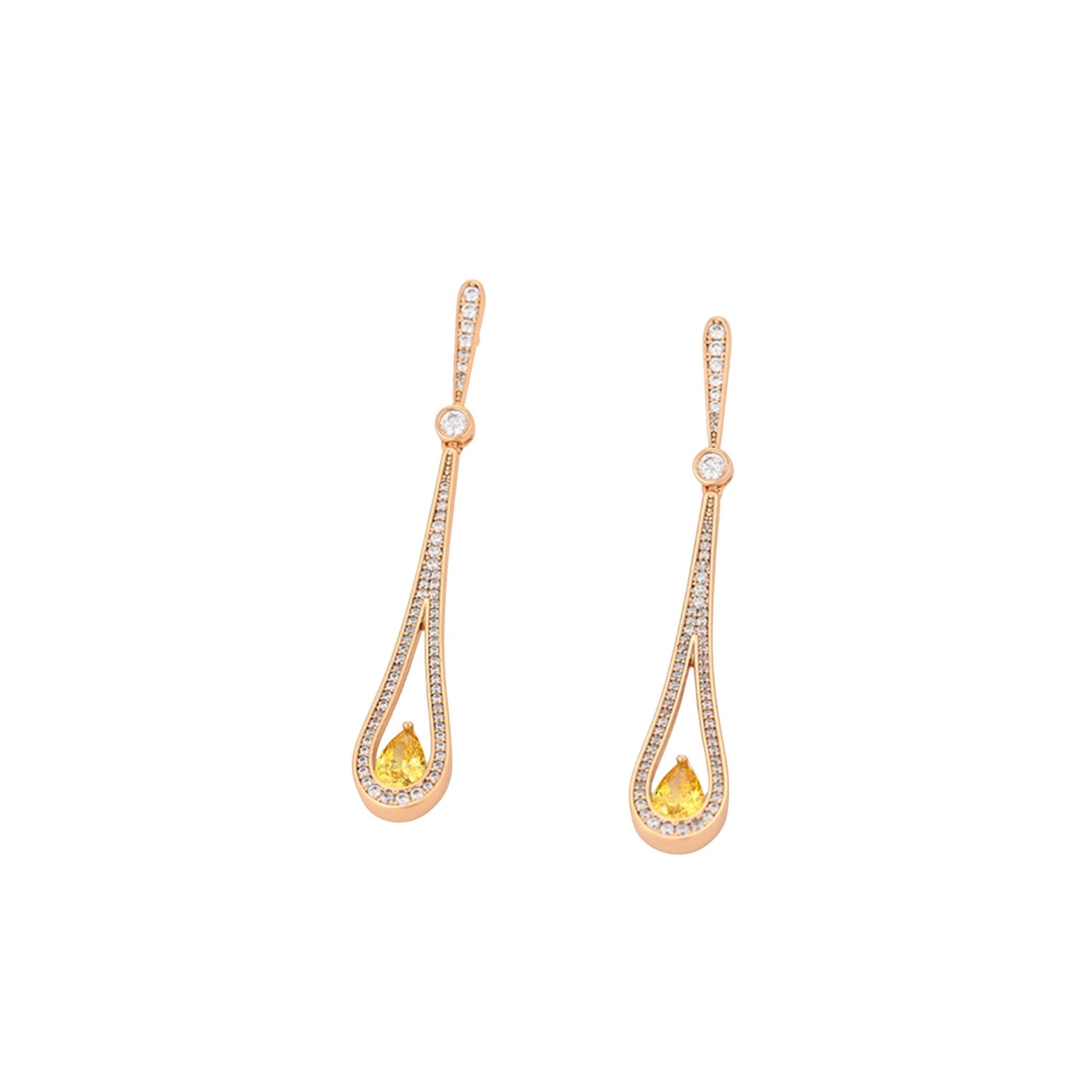 Pair of drop gold earrings with an arrangement of clear gemstones supporting a yellow gemstone.