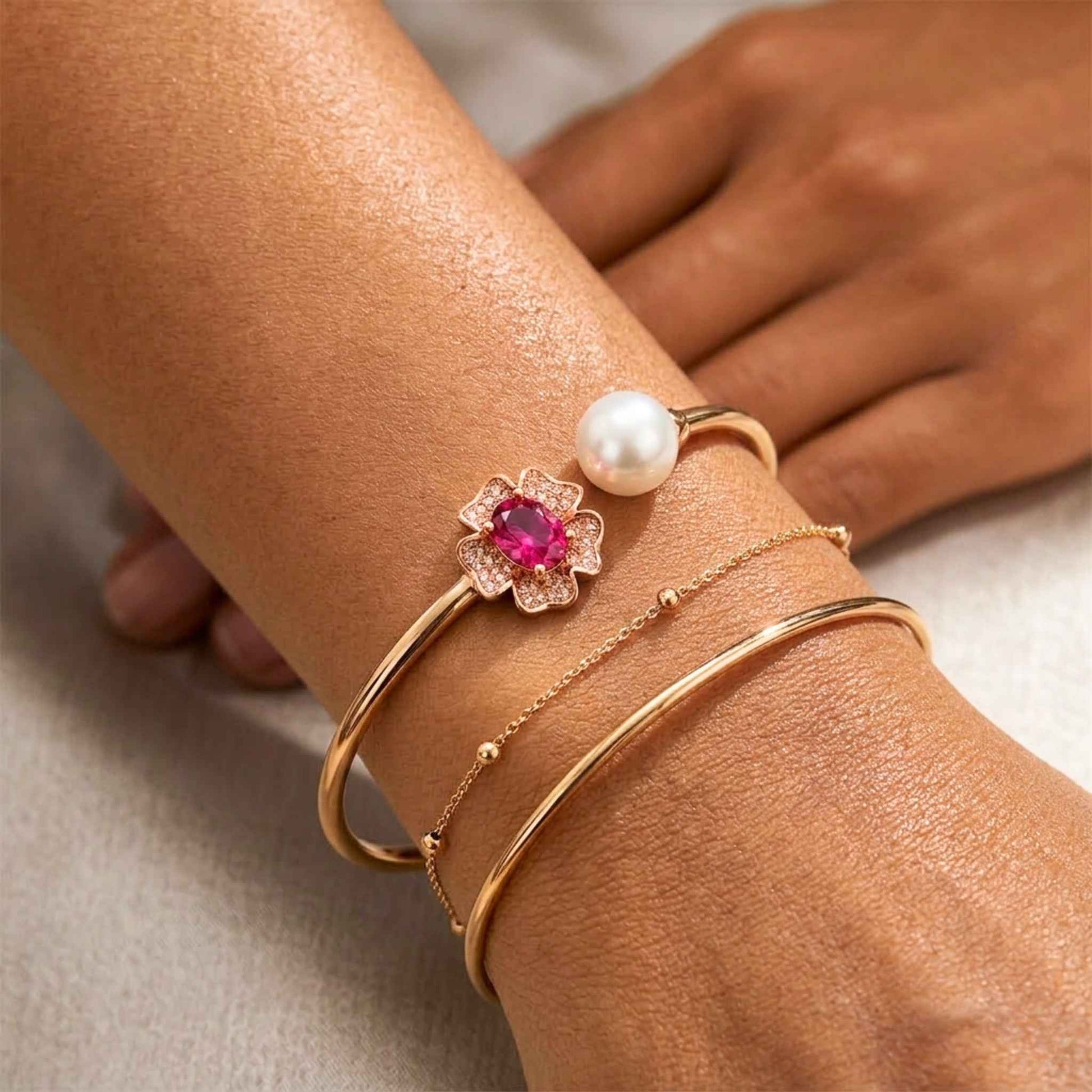 Close-up of a wrist wearing gold bracelets with a central ruby red gemstone and pearl on a natural background