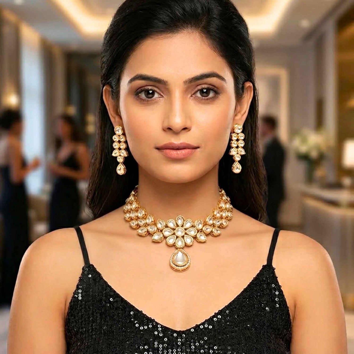 Woman wearing gold necklace and matching earring jewellery in a formal setting.  Digitally rendered model for scale