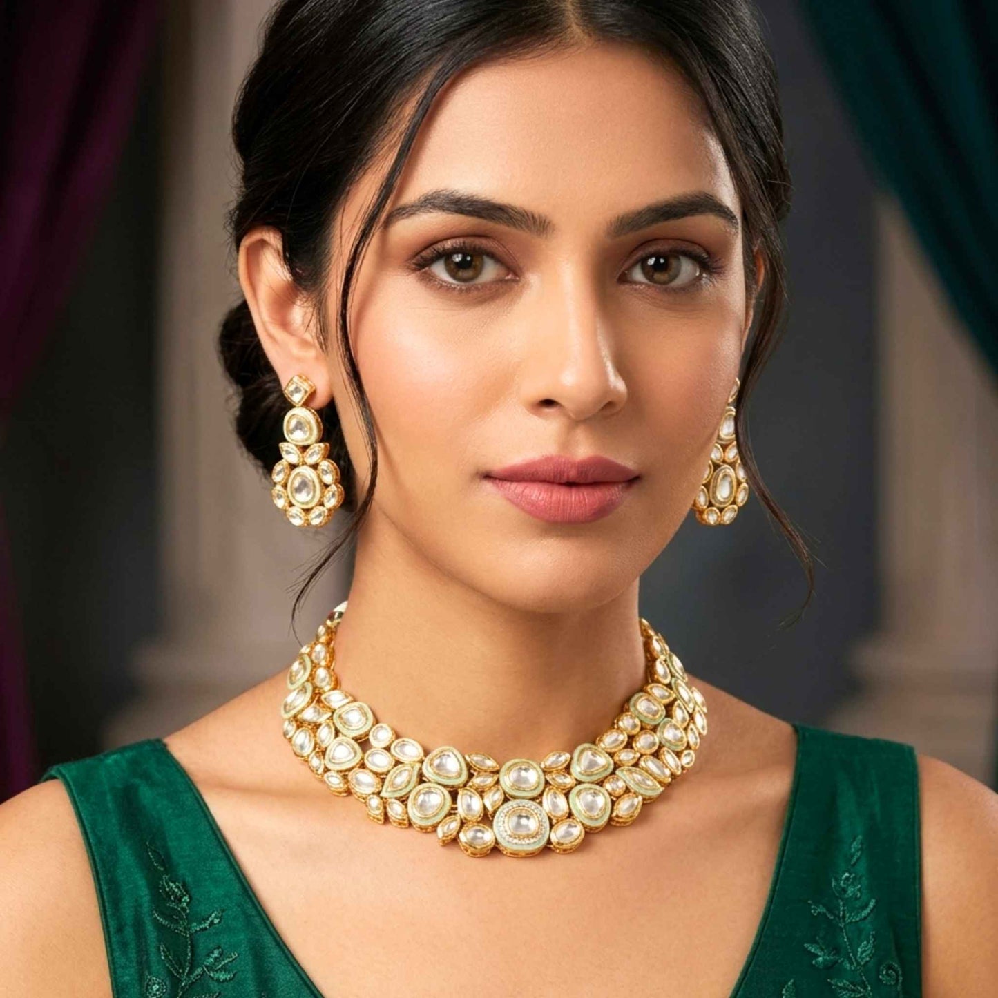 Woman wearing gold jewellery including a necklace and earrings against a blurred background.  Digitally rendered model for scale