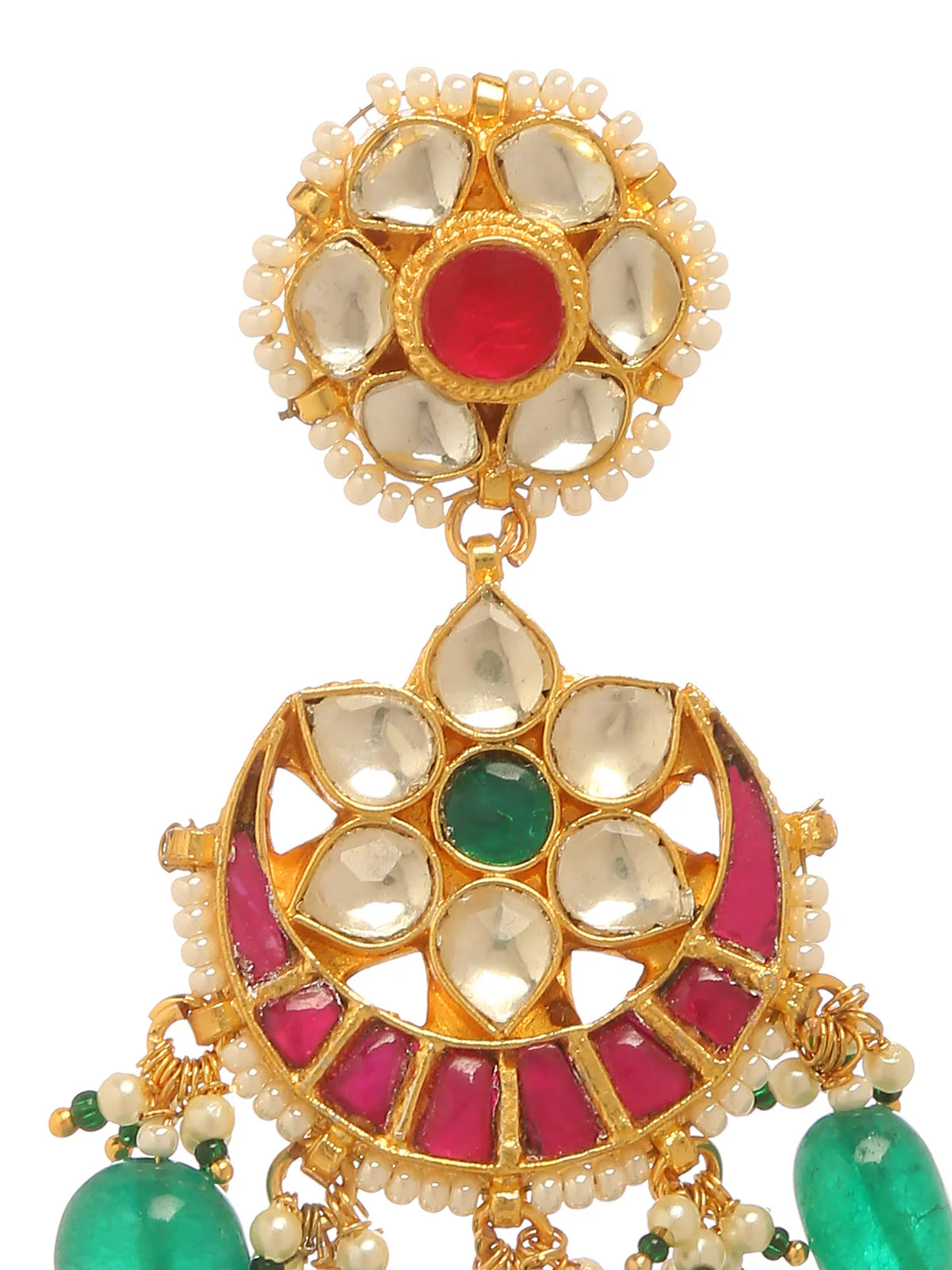 A gold drop earring with ruby and emerald-coloured zirconia stones, adorned with pearl-like beads.