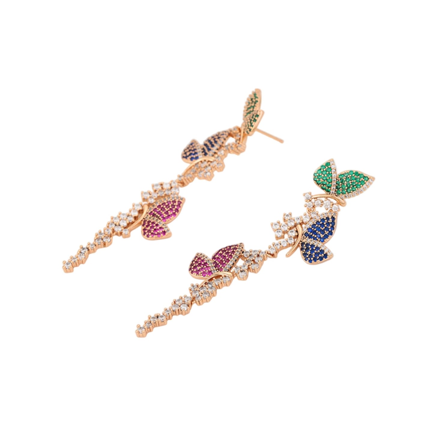 Pair of gold butterfly earrings with gemstones on a white background