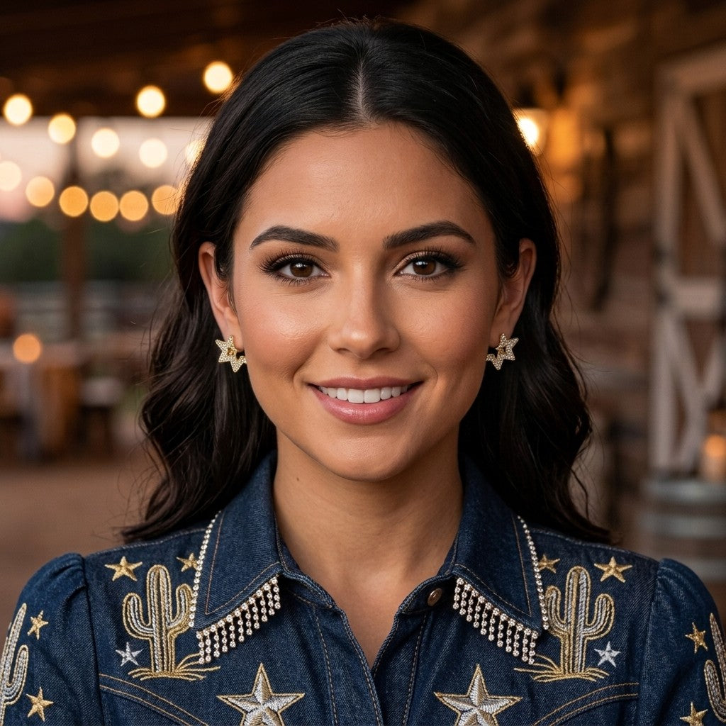 A smiling woman with dark hair wearing a denim western-style shirt with embroidered cacti and stars, paired with matching star-shaped earrings from Jewellery 4 Elegance collection, set against a warm, blurred rustic background.  Digitally rendered model for scale
