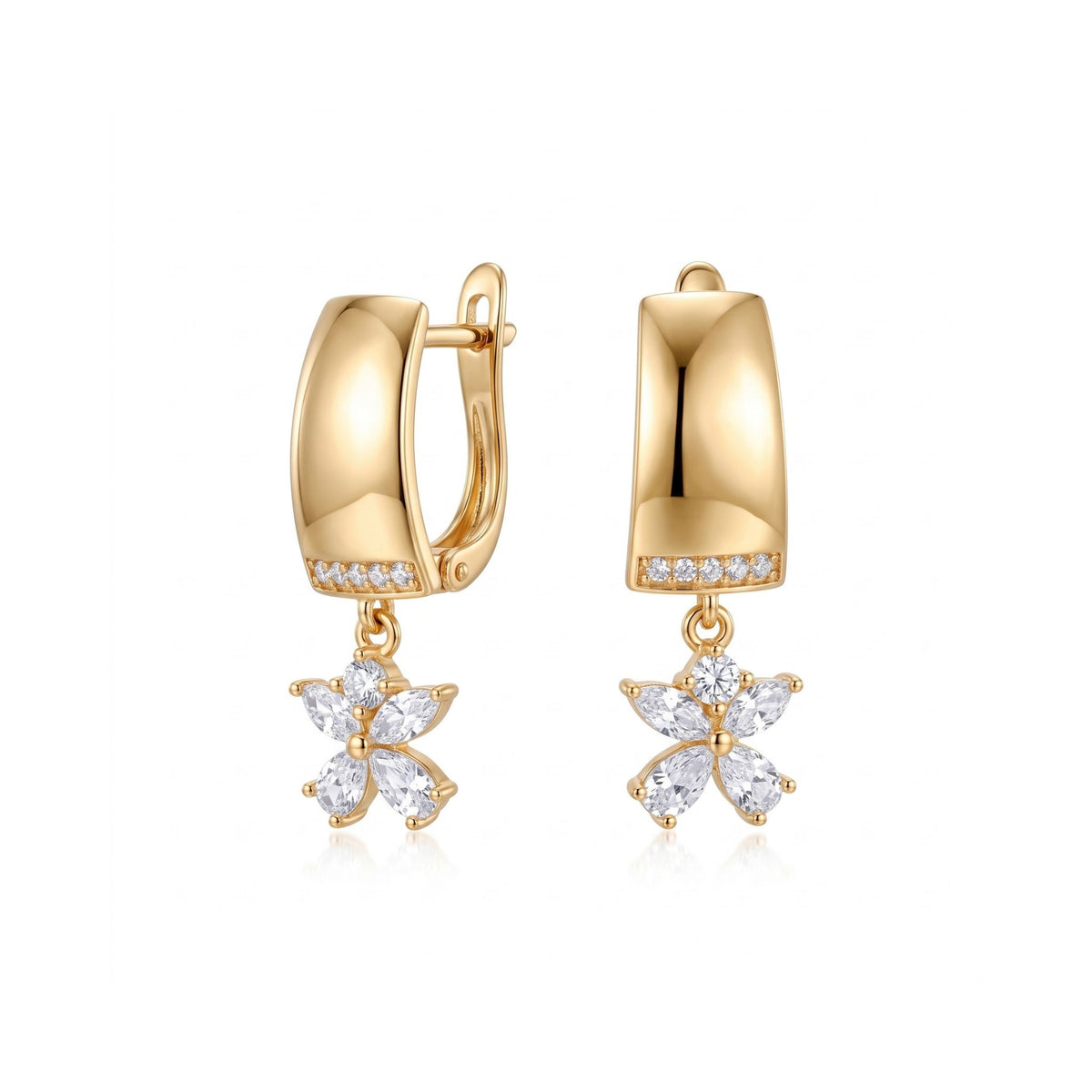 A pair of gold huggie hoop earrings with a dangling flower charm. The hoops feature a small row of clear stones at the bottom, and the dangling charms are four-petal flowers set with clear marquise-cut and round-cut stones from the Jewellery 4 Elegance collection, all on a clean white background.