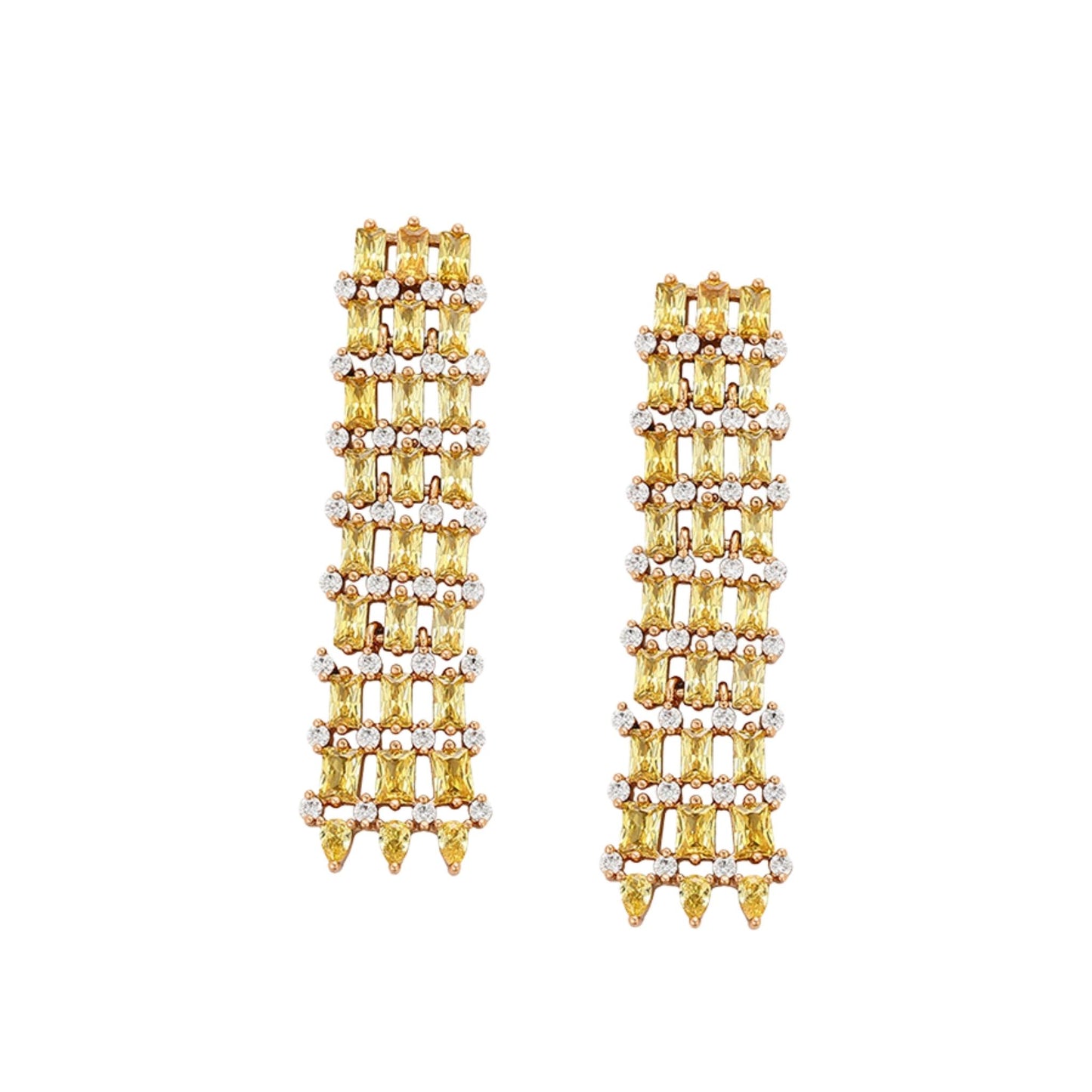 Gold link earrings with gemstones on a white background