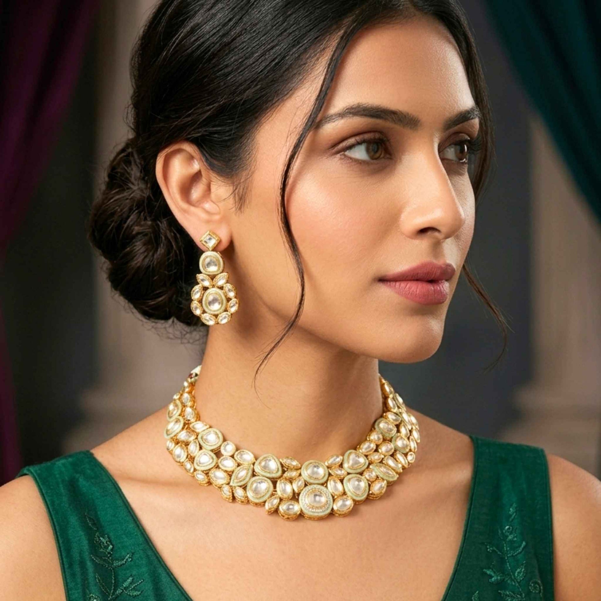 Woman in a cocktail dress wearing a gold necklace and earrings with a blurred background.  Digitally rendered model for scale