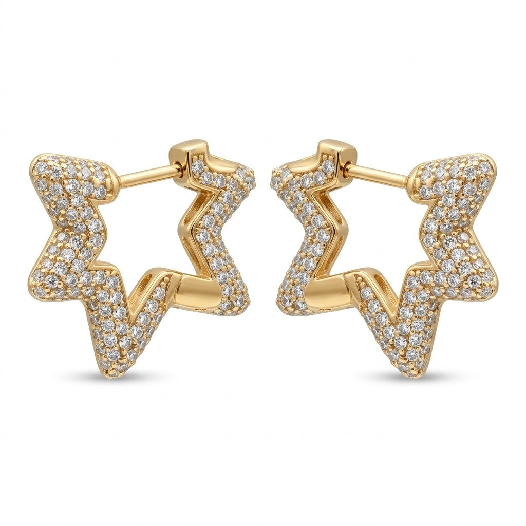 A pair of gold star-shaped hoop earrings paved with small clear stones, shown against a plain white background.  From the Jewellery 4 Elegance collection.