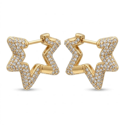 A pair of gold star-shaped hoop earrings paved with small clear stones, shown against a plain white background.  From the Jewellery 4 Elegance collection.