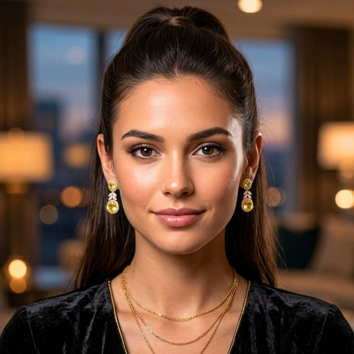 A close-up portrait of a woman wearing gold drop earrings with clear stones and yellow gemstone accents from the Jewellery 4 Elegance collection, layered gold necklaces, and a black velvet top in a softly lit indoor setting.  Digitally rendered model for scale
