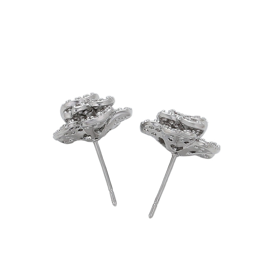 Pair of white gold earrings on a white background