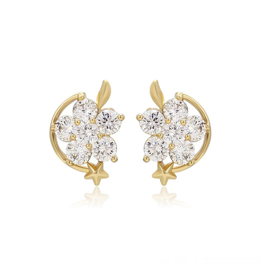 Gold earrings with star encircling a floral design of clear stones on a white background