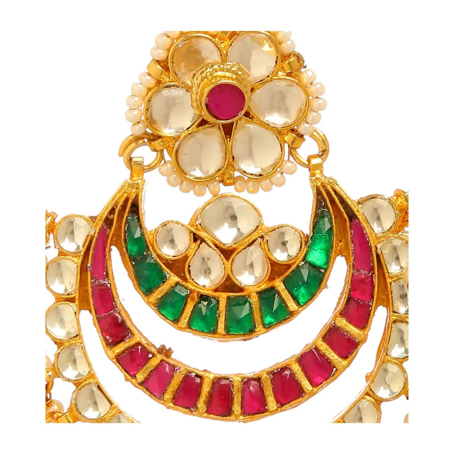 Gold Indian earrings with Ruby red and Emerald green stones