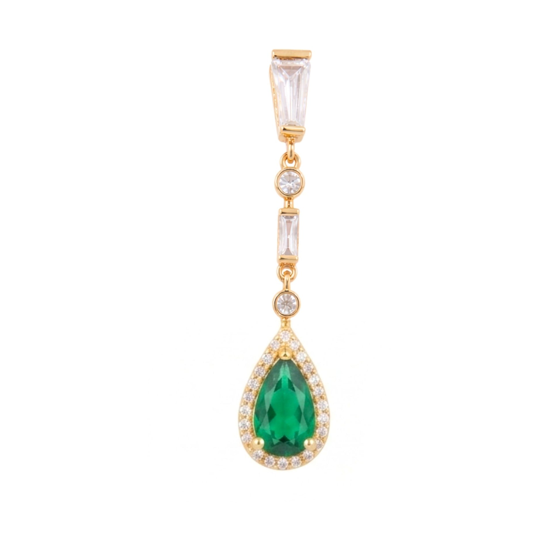 Close up of n Emerald drop teardrop drop gold earring from the Jewellery 4 Elegance collection.