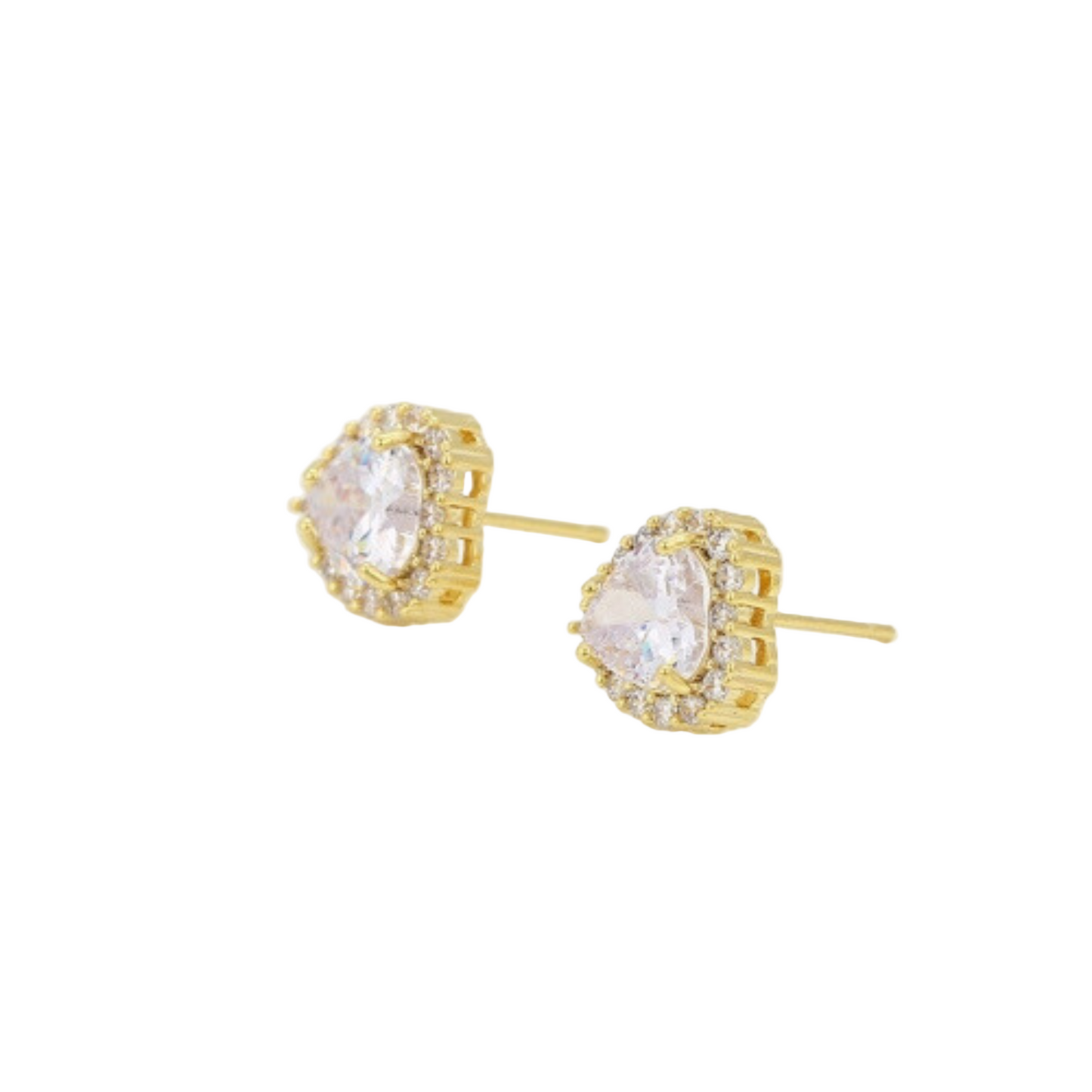 Gold earrings with clear zirconia stones on a light background