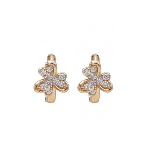A pair of gold huggie hoop earrings featuring three small heart shapes with clear round-cut gemstones from the Jewellery 4 Elegance collection, set against a plain white background.