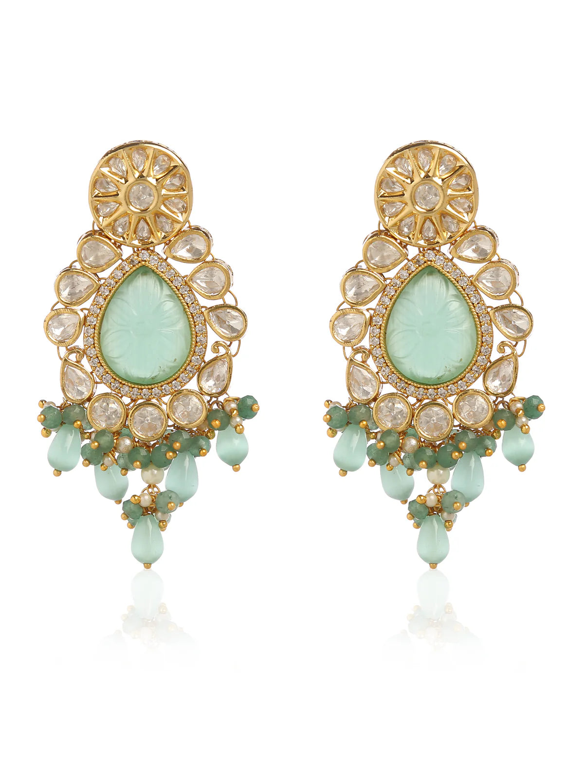 A pair of gold-plated earrings with pastel green and green colored pearls and semi-precious stones.