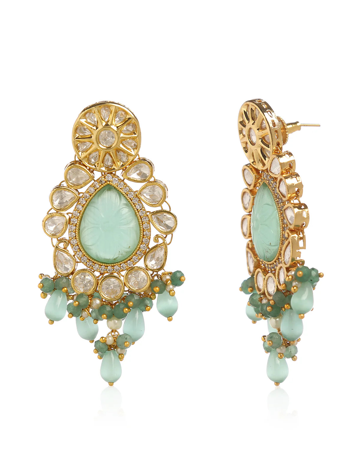 Gold earrings with a pastel central stones surrounded by clear stones and accentuated with light and dark green beads.