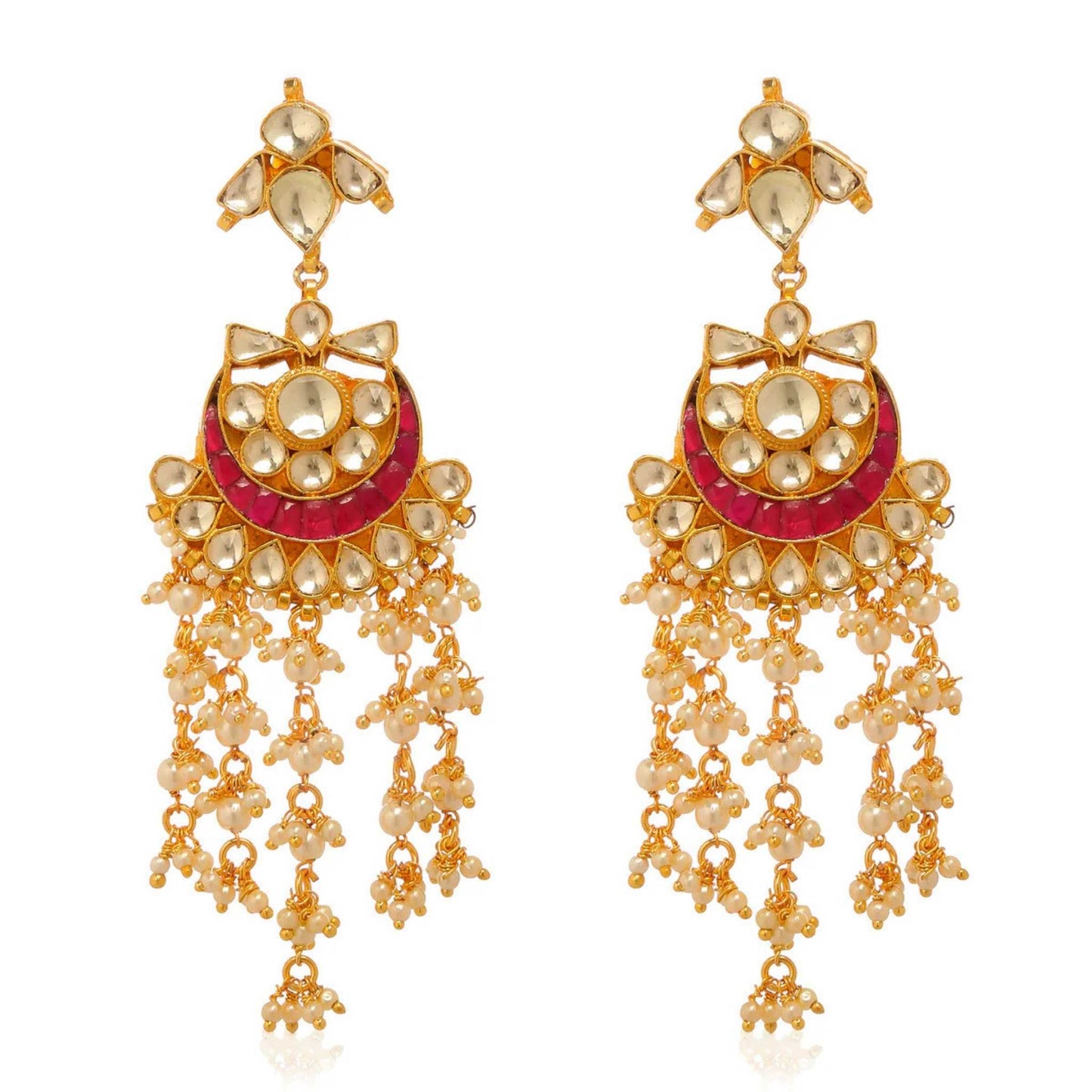 A pair of gold Indian dangler earrings with red and clear coloured gemstones and adorned with pearls.