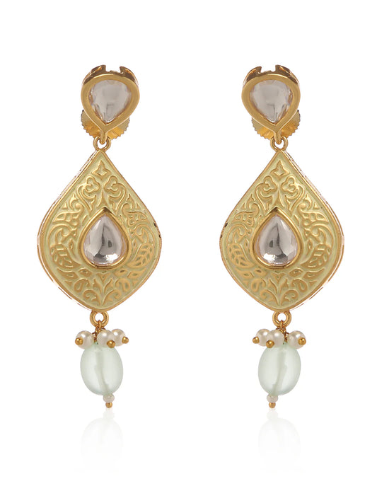 A pair of gold-plated Iranian style drop earrings with coloured pearls and beads.