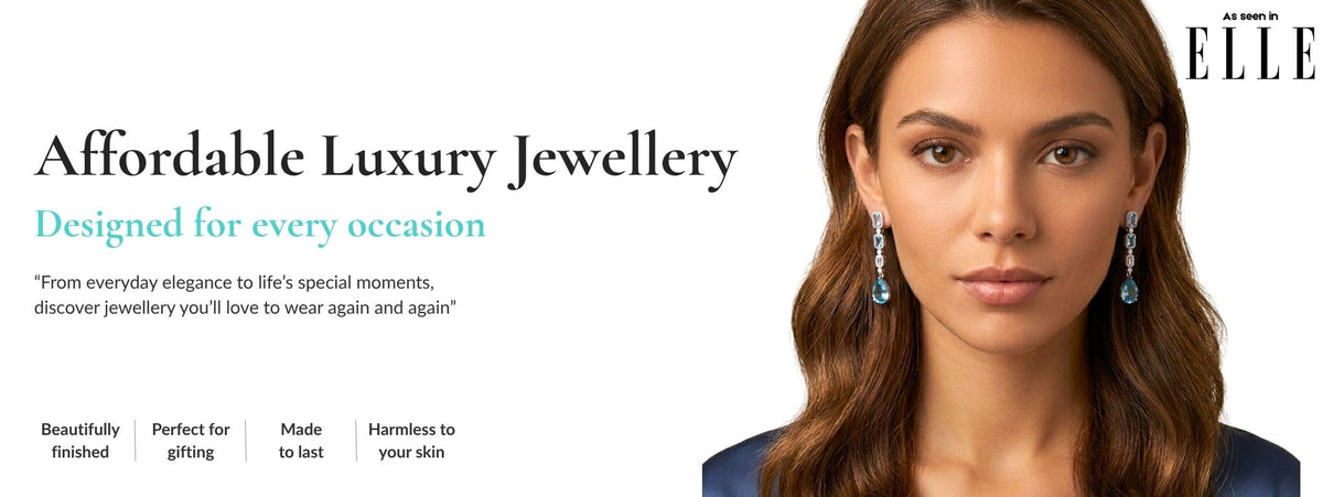 Hero banner for Jewellery 4 Elegance showing a model wearing aquamarine earrings and the header Affordable Luxury Jewellery Designed for every occasion from everyday elegance to life's special moments.  Describes as beautifully crafted, perfect for gifting and harmless to your skin.