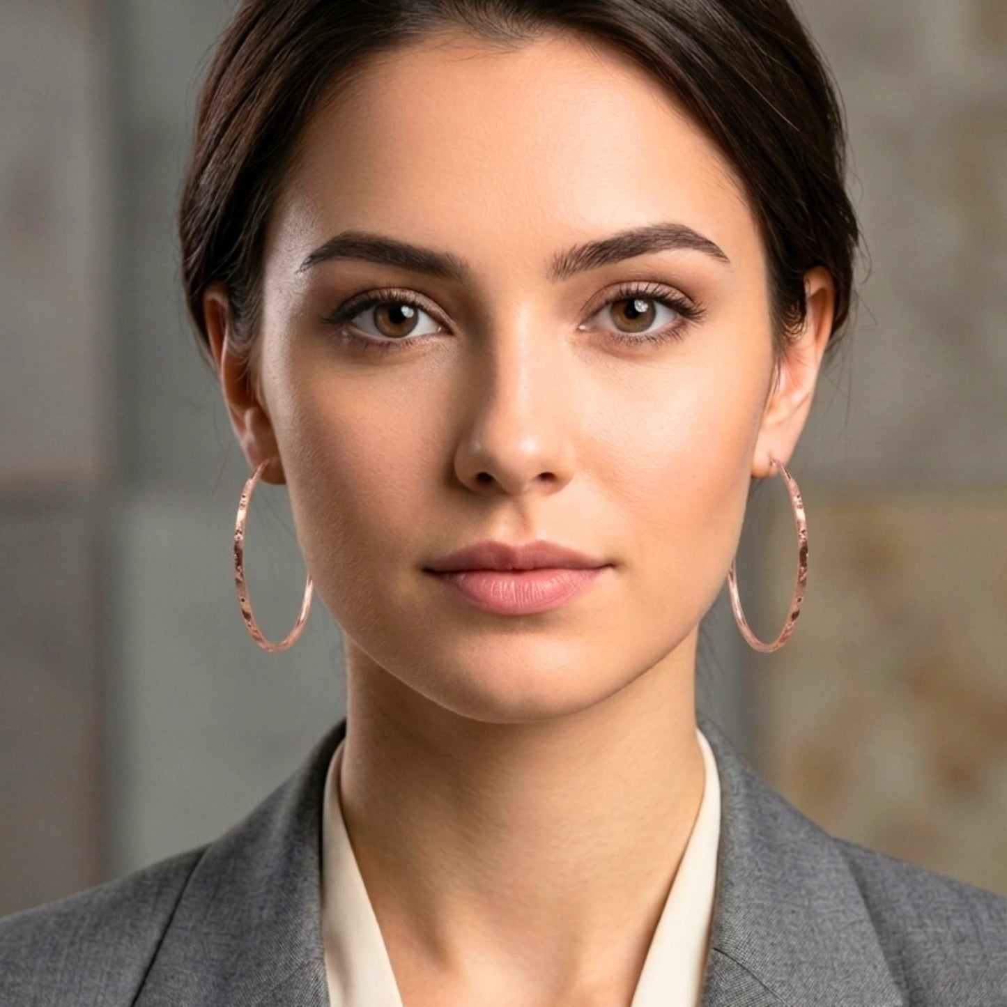 Woman wearing hoop earrings and a grey blazer against a neutral background.  Digitally rendered model for scale.