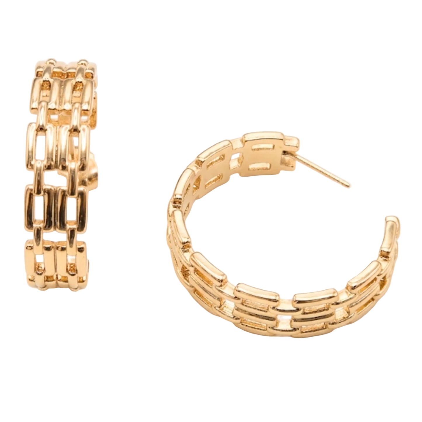 Gold hoop earrings with chain-link design on a white background