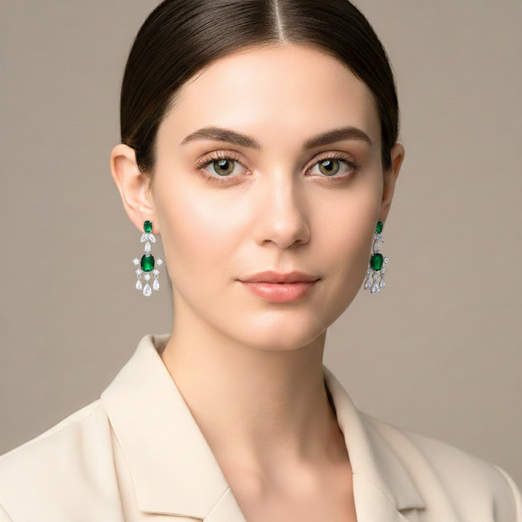 Woman wearing emerald green earrings against a neutral background