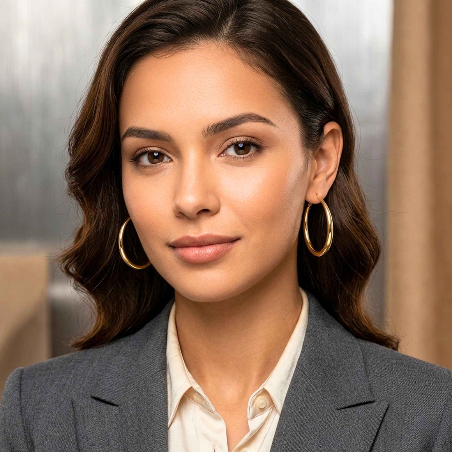 Professional looking Woman wearing large gold hoops.  Digitally rendered model for scale
