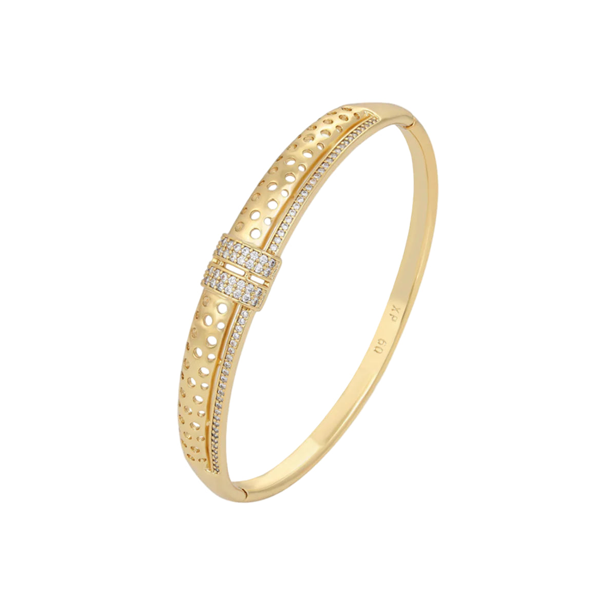 An 18k gold plated bracelet with zircon stones, featuring a solid pattern and an openable mechanism.