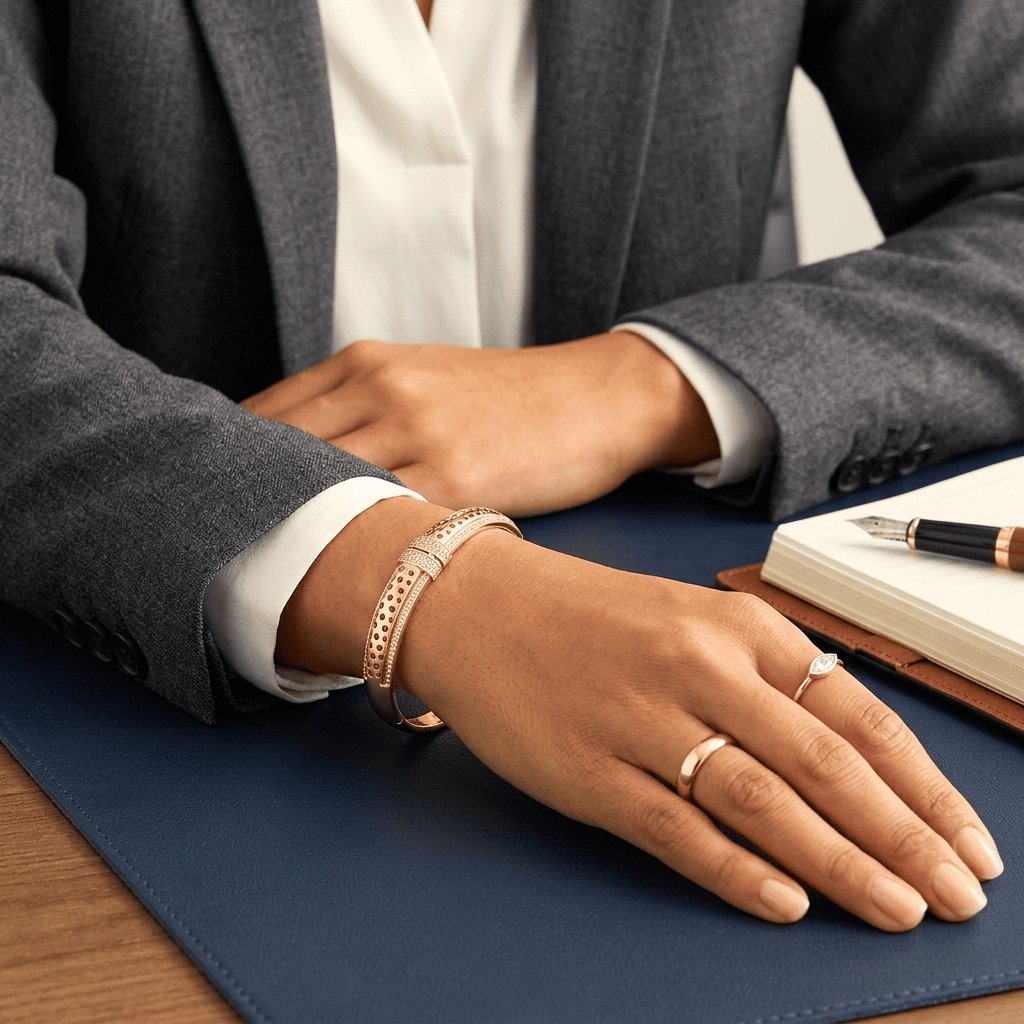 Person wearing a gray suit with jewellery on a blue surface