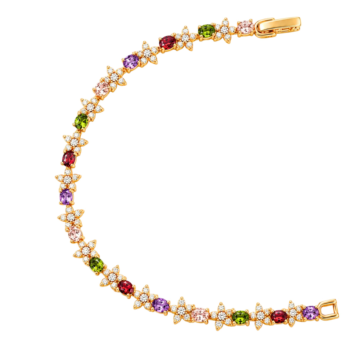 A gold tennis bracelet featuring a series of colorful gemstone clusters, including green, purple, pink, and red stones, set against a plain white background.