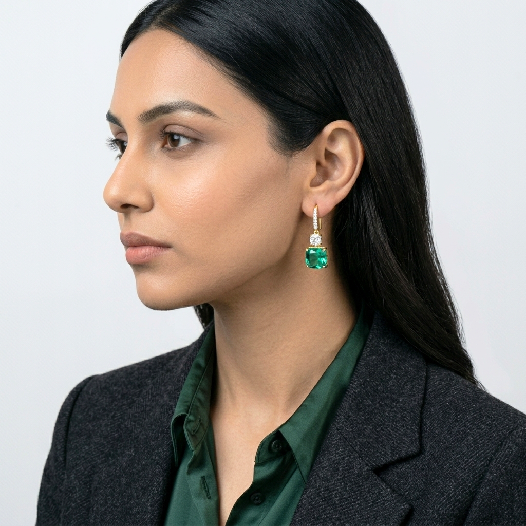 EMERALD GREEN AND WHITE GEMSTONE DROP EARRINGS