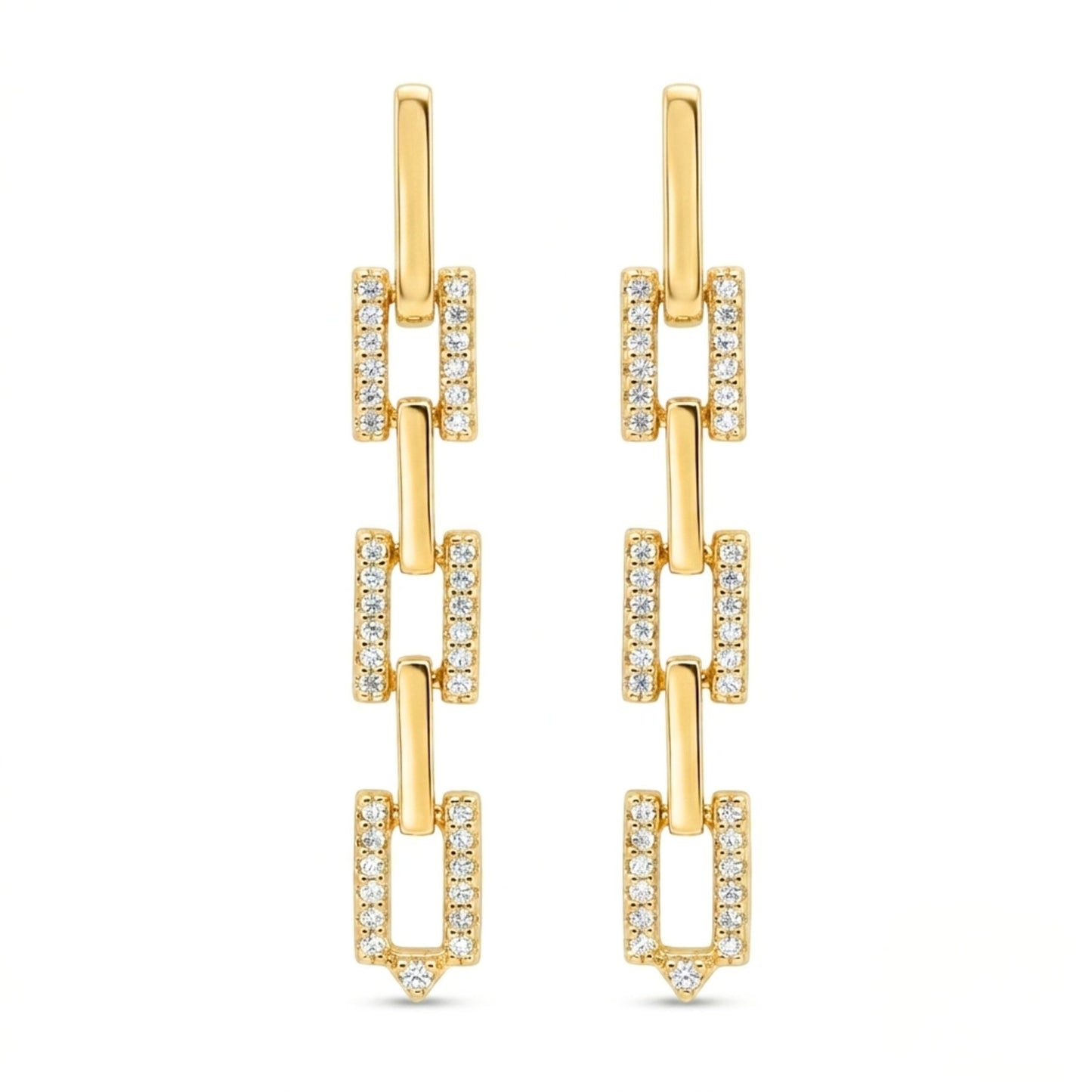 GOLD PLATED CUBIC ZIRCONIA LINK DROP EARRINGS – ELEGANT PAVÉ CHAIN STATEMENT EARRINGS