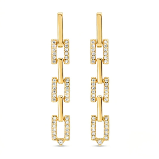 Gold Plated Cubic Zirconia Link Drop Earrings | Elegant Pavé Chain Statement Earrings