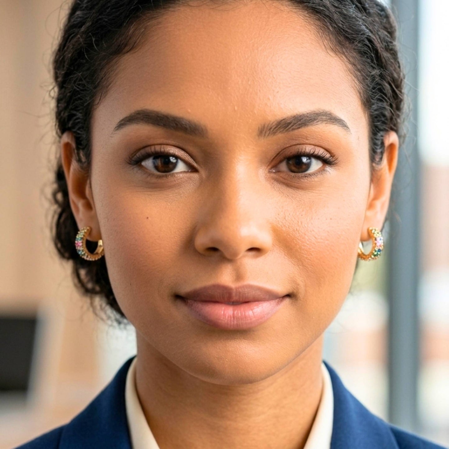 Close-up of a woman wearing Gold plated huggie hoop earrings featuring rows of multicoloured pavé-set cubic zirconia stones in an elegant rainbow design with secure hinged fastening. with a blurred background.  Digitally rendered model for scale