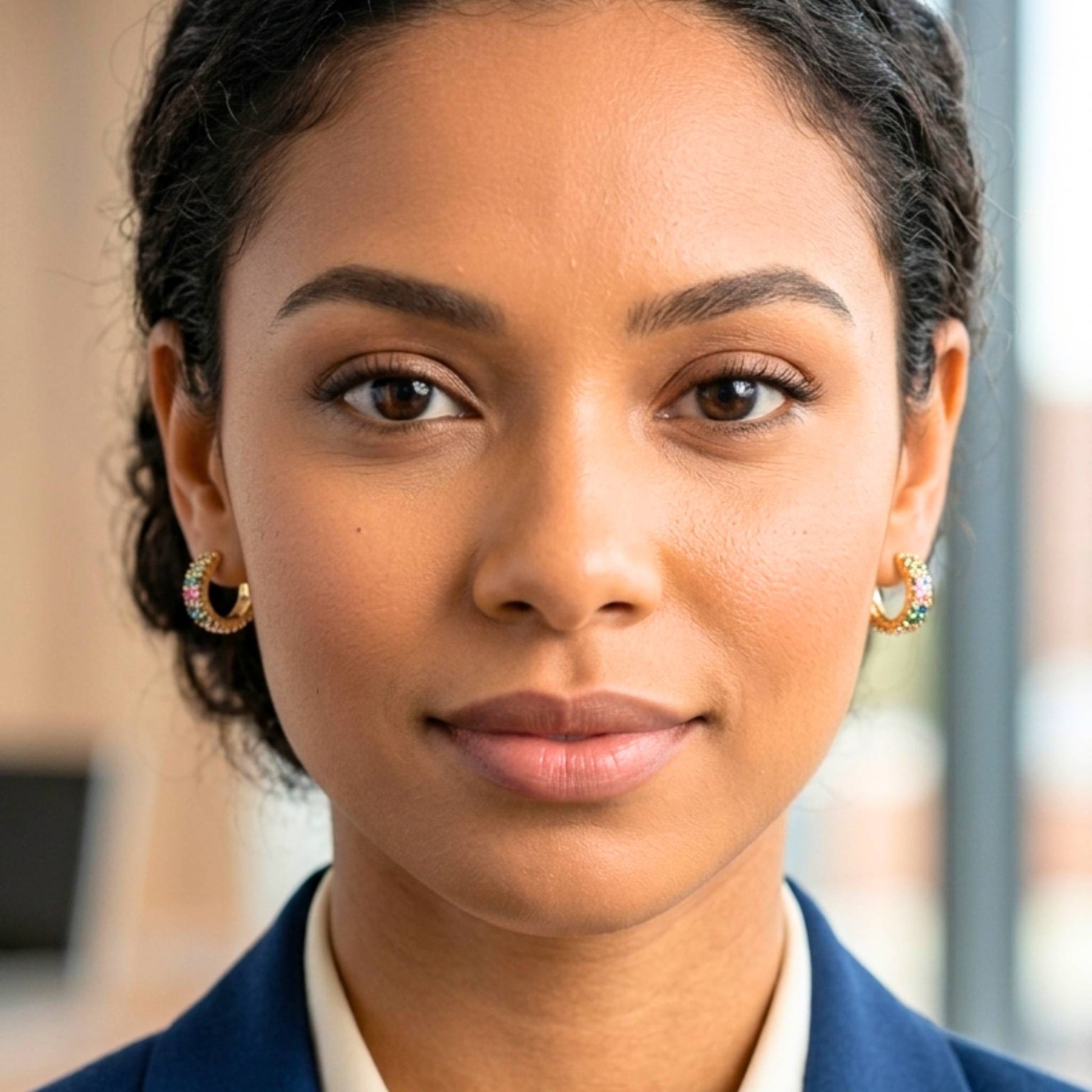 Close-up of a woman wearing Gold plated huggie hoop earrings featuring rows of multicoloured pavé-set cubic zirconia stones in an elegant rainbow design with secure hinged fastening. with a blurred background.  Digitally rendered model for scale