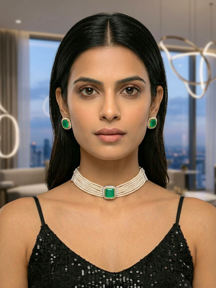 CHOKER NECKLACE WITH PEARLS – Includes Matching Earrings
