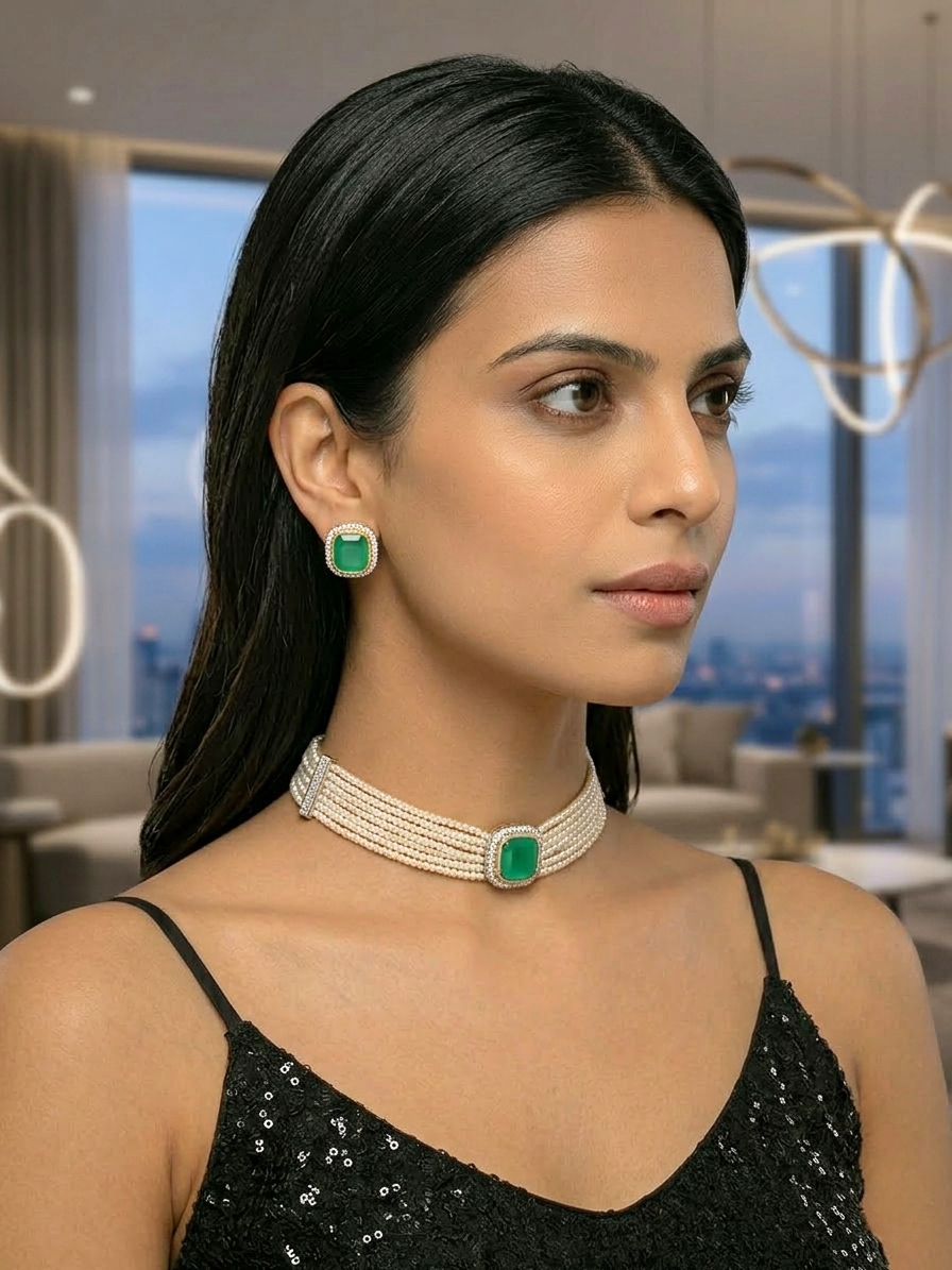 CHOKER NECKLACE WITH PEARLS – Includes Matching Earrings