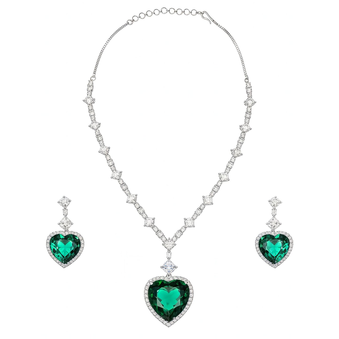 Emerald Green Heart Pendant Necklace and Drop Earring Set in White Gold Plating