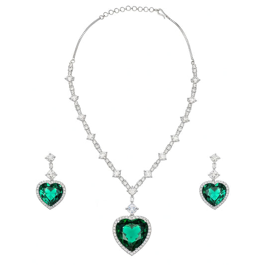 Emerald Green Heart Pendant Necklace and Drop Earring Set in White Gold Plating