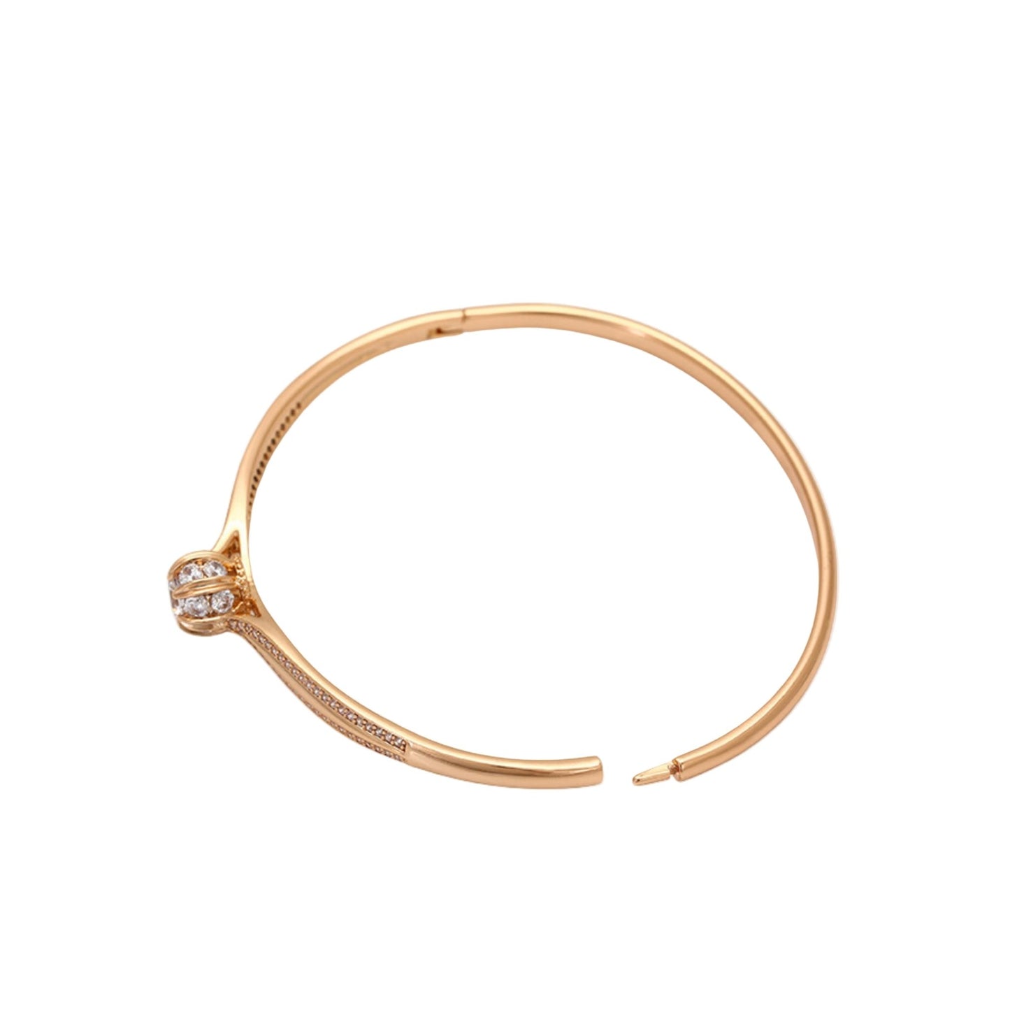 Rose gold bracelet with small diamonds on a white background