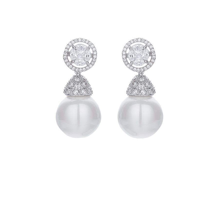 Pair of pearl earrings with diamond-like stones on a white background
