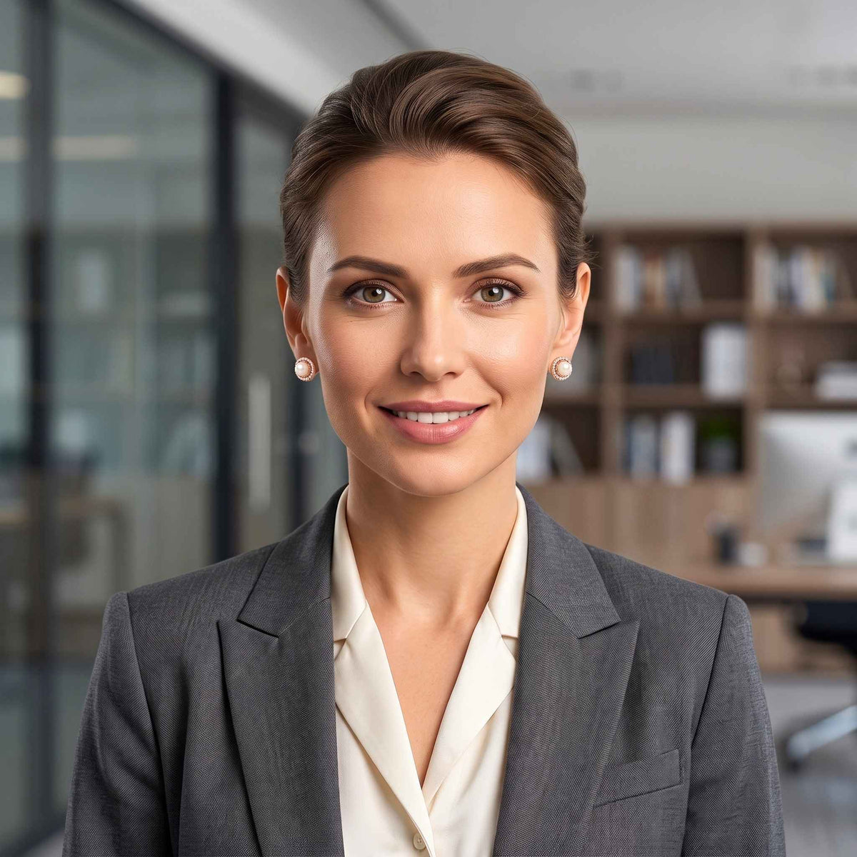 A professional woman with brown hair styled in an updo and pearl earrings with a gold setting, wearing a grey blazer over a cream button-down shirt, standing in a modern office environment.  Jewellery from Jewellery 4 Elegance collection.  Digitally rendered model for scale