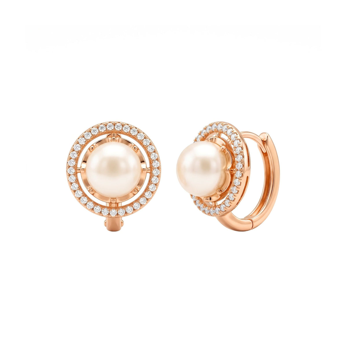 A pair of rose gold hoop earrings with a central pearl surrounded by a halo of small clear stones, shown on a plain white background from the Jewellery 4 Elegance collection.