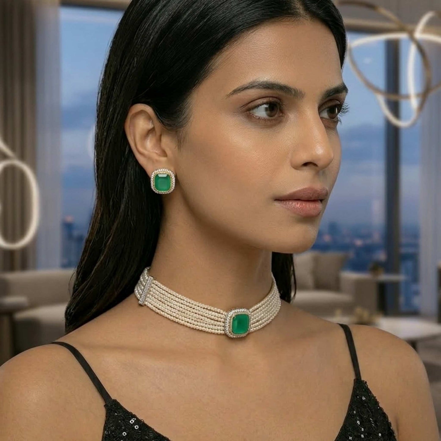 Woman wearing choker pearl necklace with emerald green gemstone and matching earring in a modern indoor setting.  Digitally rendered model for scale