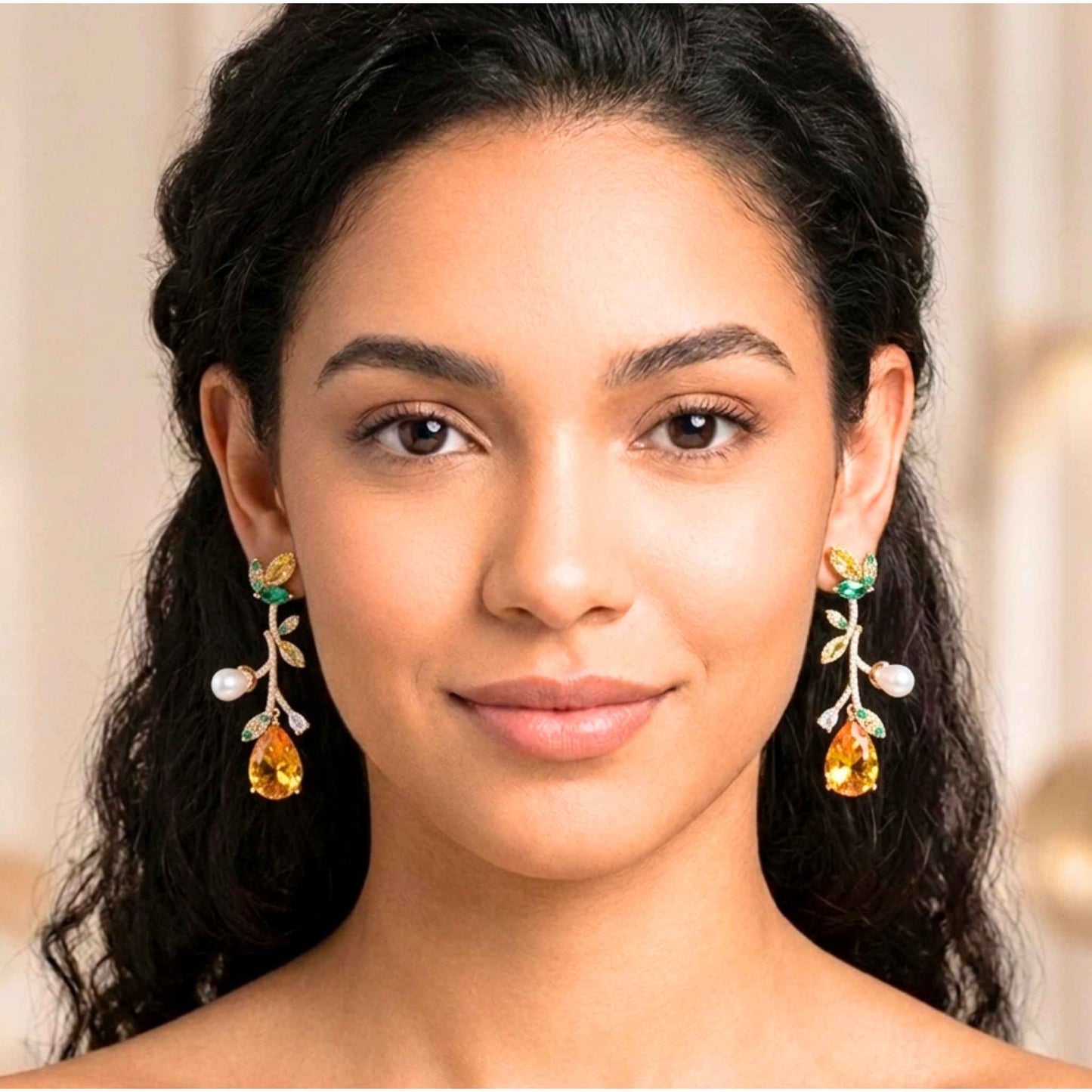 Woman wearing elegant earrings with a neutral background.  Digitally rendered model for scale.