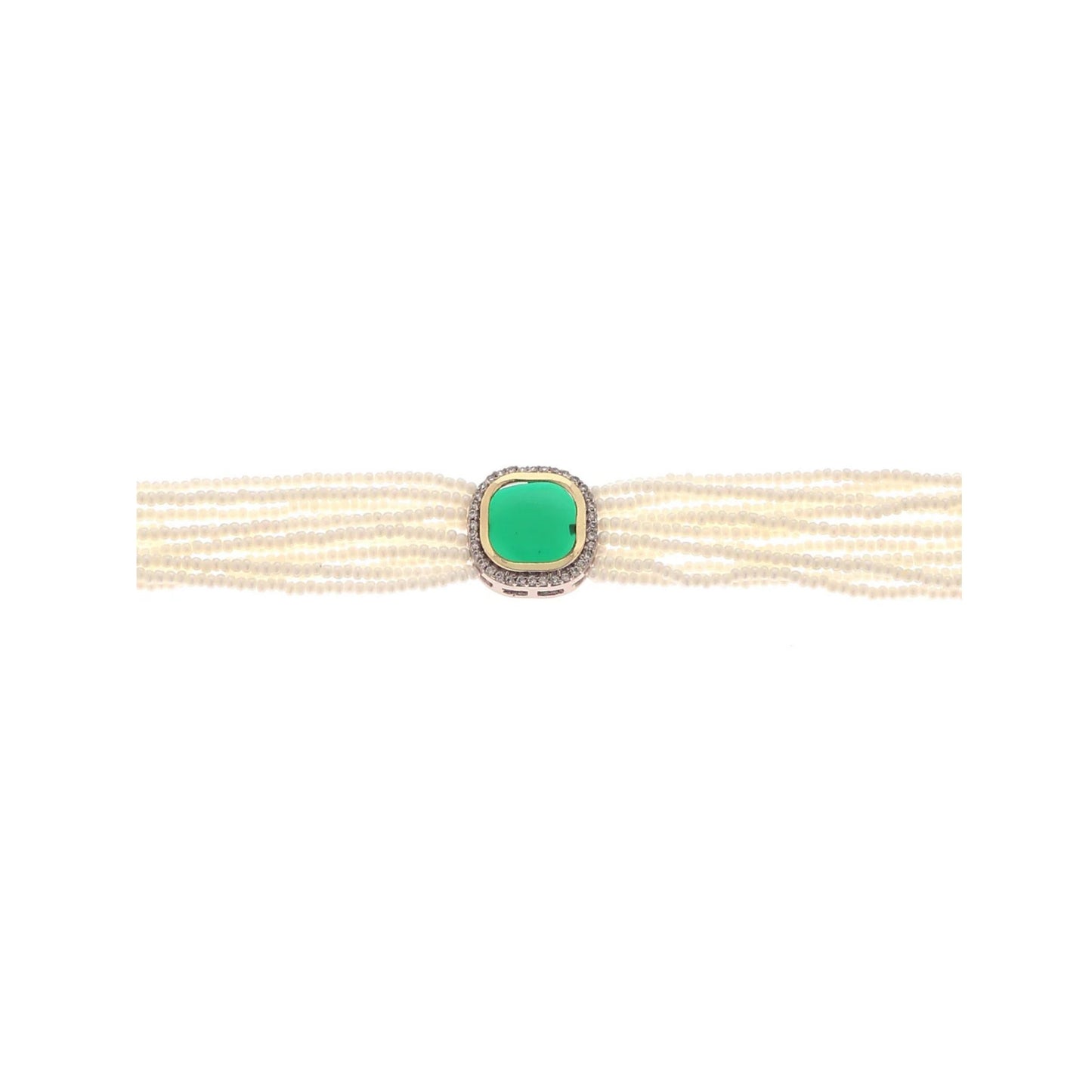 Bracelet with multiple pearl strands and a green stone on a white background