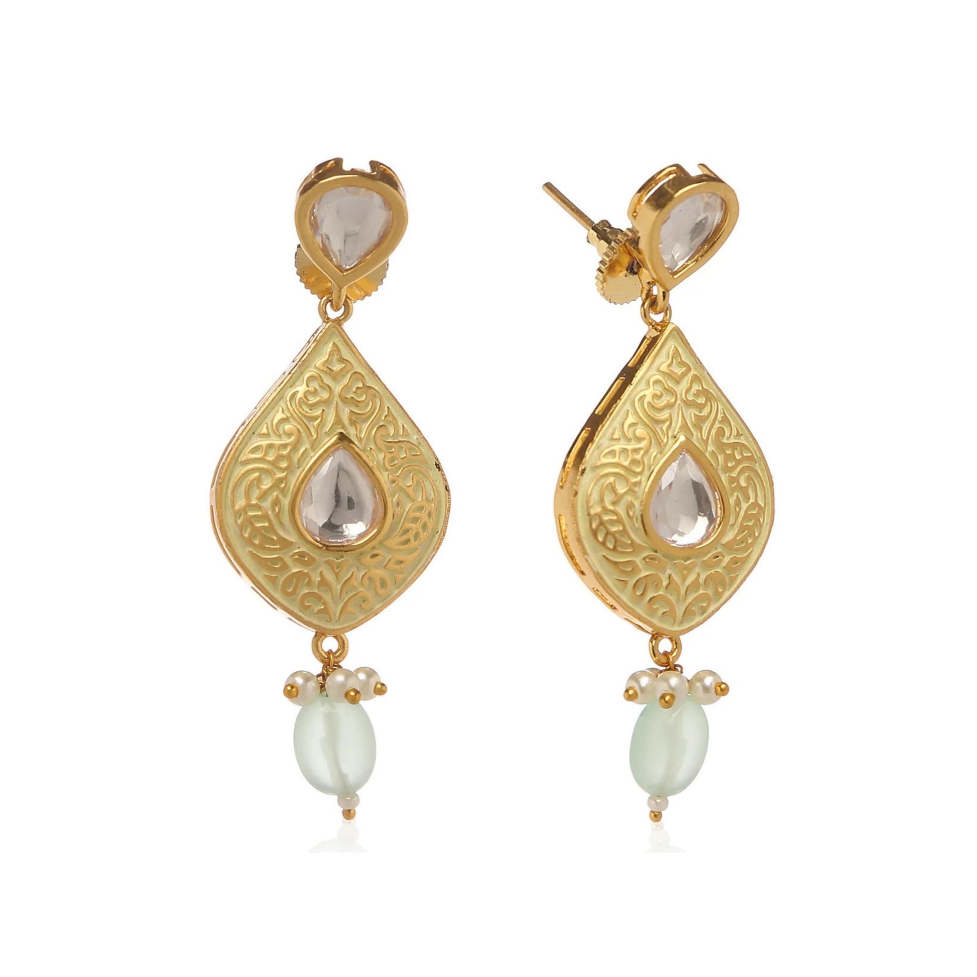 Gold teardrop-shaped earrings with pearl-like beads on a white background