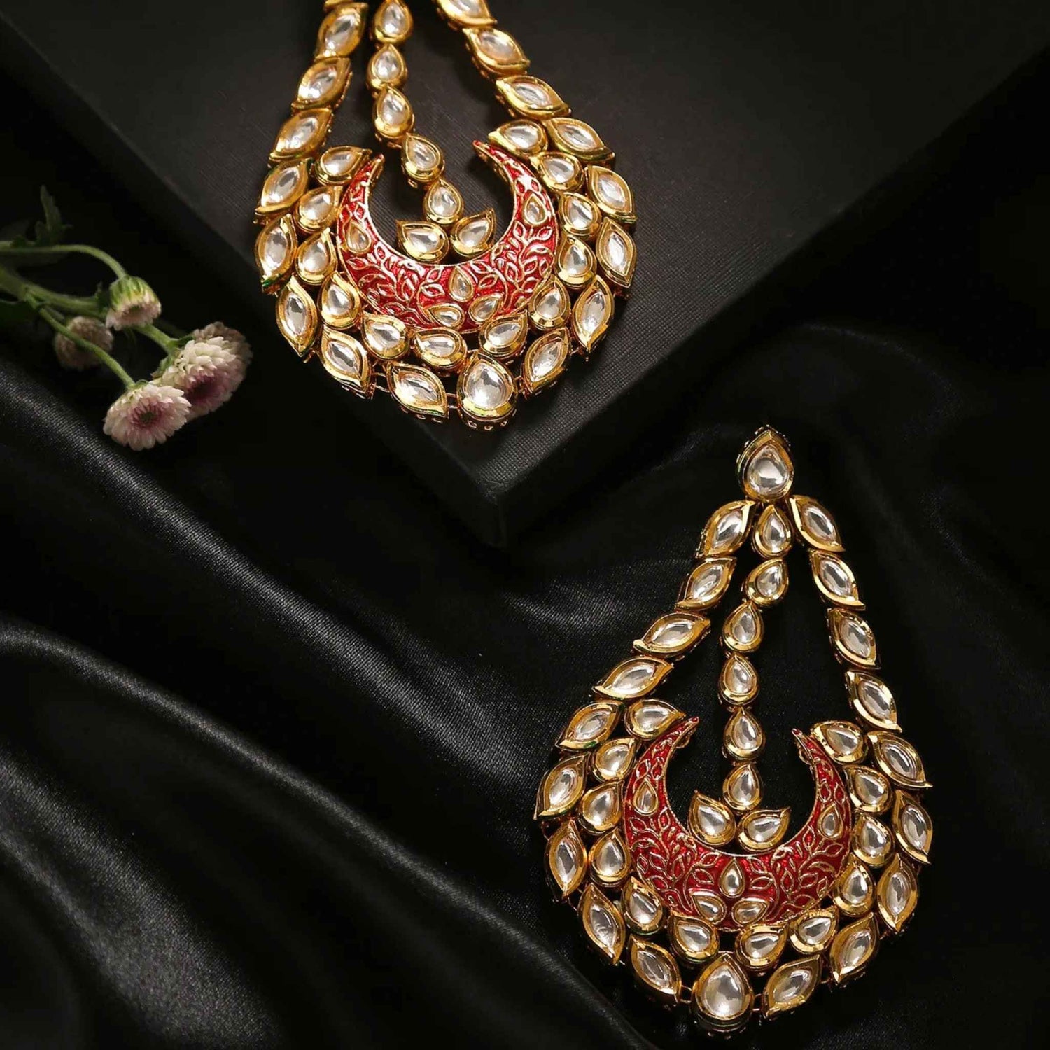 Beautiful Persian inspired drop earrings with sparkling gemstones and a red crescent moon